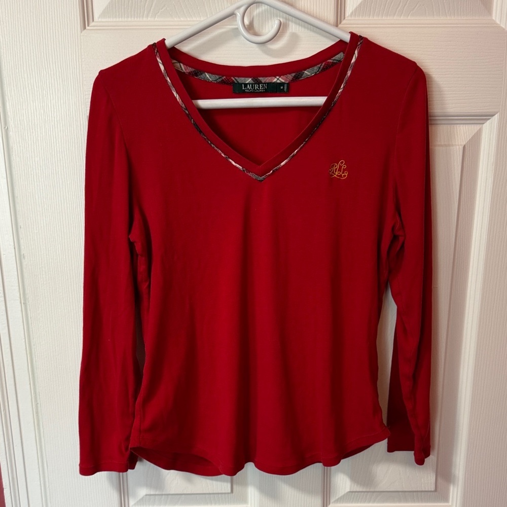 Lauren Ralph Lauren Red V-Neck Long Sleeve Top